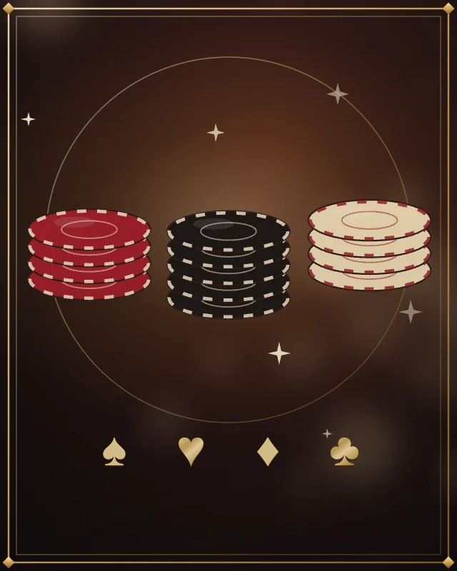 Tiga tumpukan chip merah, hitam, dan gading.